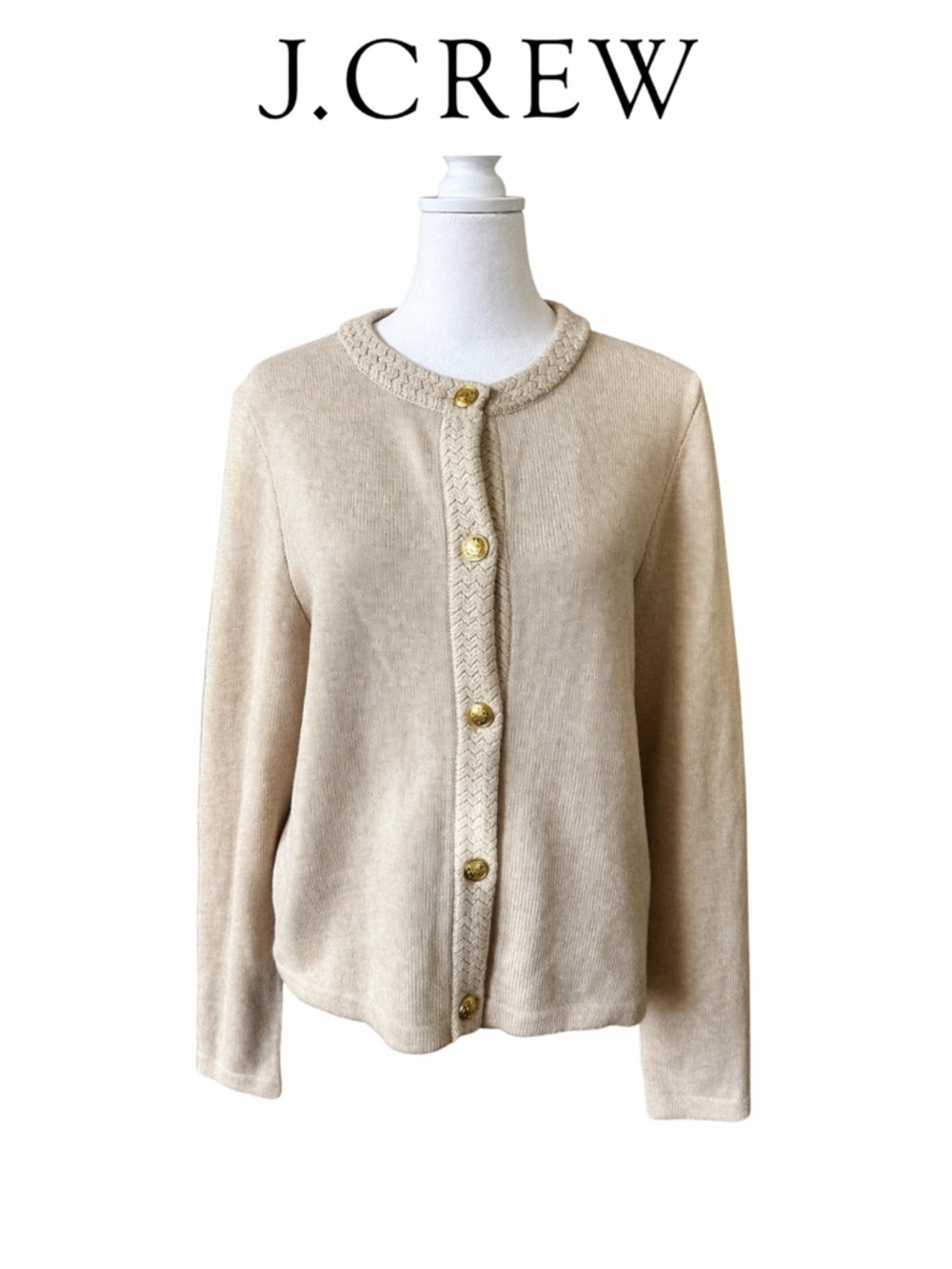 J. Crew Cream Braided-Trim Cardigan with Gold Buttons